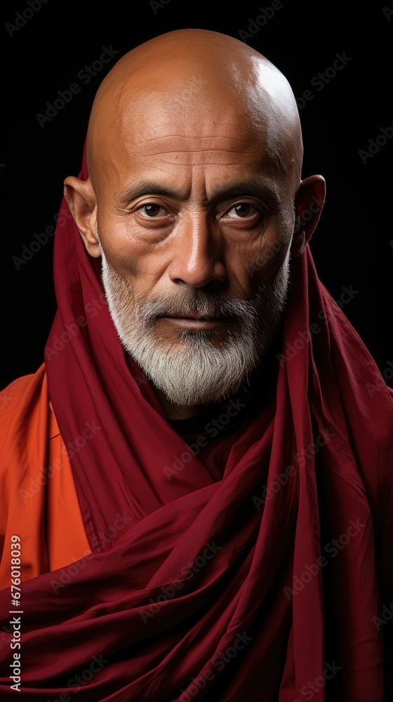 Poster  a man with a bald head wearing a red shawl and looking at the camera with a serious look on his face.  generative ai