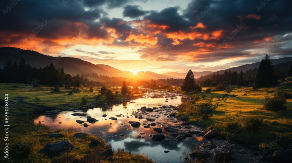 Aufkleber a river running through a lush green field under a cloudy sky with the sun setting over the mountain