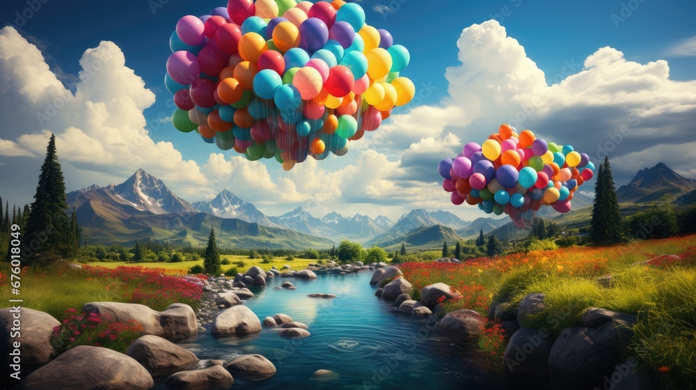 Aufkleber a painting of a stream with a bunch of balloons floating in the air above it and mountains in the ba