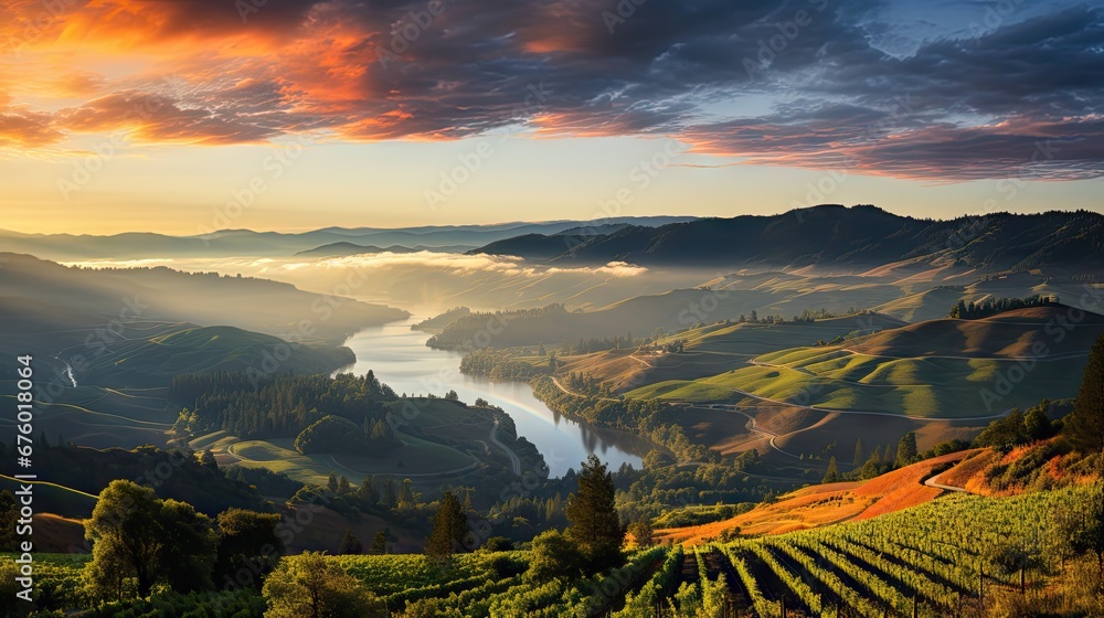 Aufkleber a scenic view of a valley with a river in the middle of it and mountains in the background at sunset