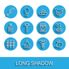 Set line Grilled shish kebab, Kitchen apron, Meat chopper, Sausage the fork, Cow head, hammer, Homemade pie and Matchbox and matches icon. Vector