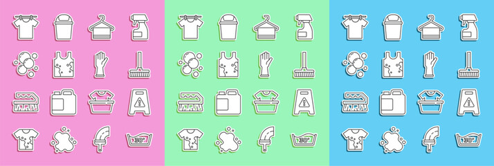 Set line Temperature wash, Wet floor, Handle broom, Towel on hanger, Dirty t-shirt, Soap water bubbles, Drying clothes and Rubber gloves icon. Vector