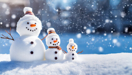 Fototapeta premium Small snowmans family of three on soft snow with copy space