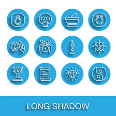 Set line Medieval goblet, Decree, parchment, scroll, Mars, Diamond, Yin Yang, Spider, Sun and Burning candle icon. Vector