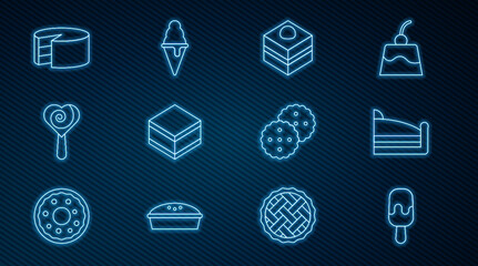 Set line Ice cream, Piece of cake, Brownie chocolate, Lollipop, Cake, Cookie or biscuit and in waffle cone icon. Vector