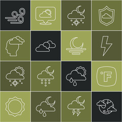 Set line Earth planet with clouds, Fahrenheit, Lightning bolt, Cloud snow and sun, Sun weather, Man having headache, Windy and Sunset icon. Vector