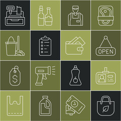 Set line Shopping bag with recycle, Identification badge, Hanging sign Open, Seller, list, Mop and bucket, Cash register machine and Wallet money icon. Vector