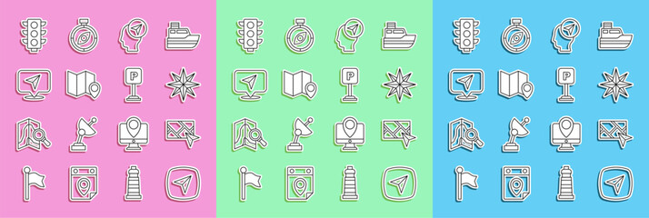 Set line Infographic of city map navigation, City, Wind rose, Location with person, Folded location marker, Traffic light and Parking icon. Vector