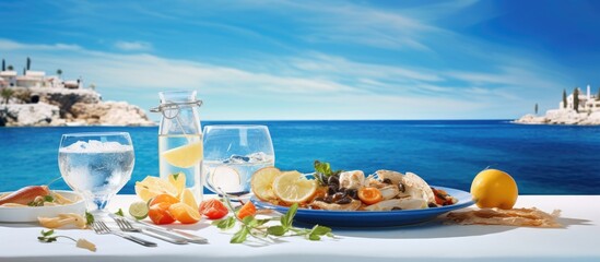 Fototapeta na wymiar In the background of a white table set in a restaurant overlooking the ocean the aroma of freshly cooked fish fills the air accompanied by the vibrant colors of blue lemon slices and ice cr