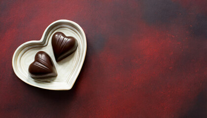 Two heart-shaped dark chocolates on a dark red background
