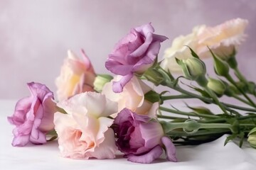 Beautiful color eustoma, flowers in full bloom. Bouquet of flowers on a grey background. Generative AI