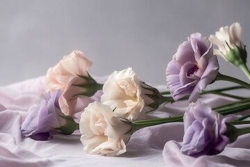 bouquet of white and violet eustoma flowers on gray background. Generative AI