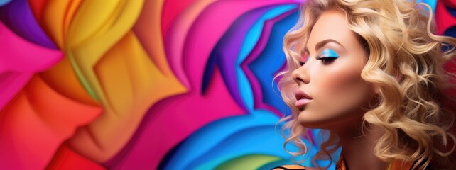 Pop-art style colorful photos of a blonde young woman in profile