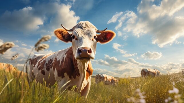 Close up photo portrait of a white and brown spots cow in summer field with clouds and blue sky