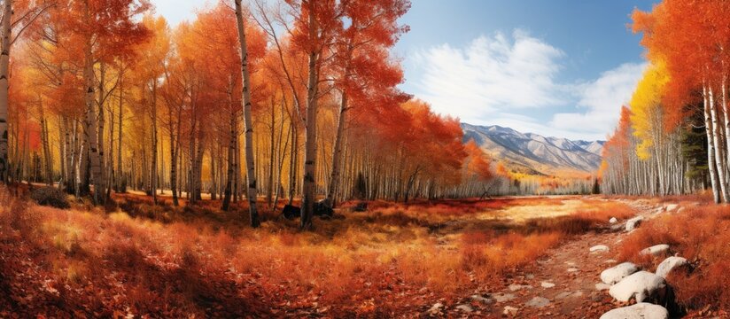 In the background of my travel adventure I was greeted with a breathtaking landscape of a forest in autumn where the majestic mountains and vibrant foliage of colorful leaves harmoniously b