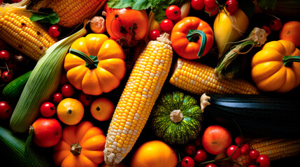 Autumn background with seasonal fruits and vegetables, top view, flat lay