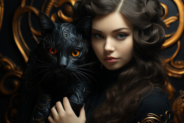 A captivating portrait capturing the beauty of a woman in the company of a sleek and mysterious black cat, a timeless union of elegance and feline grace. Ai generated