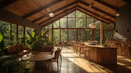 Fototapeta premium Eco-lodge hotel interior with tropical forest view, creating a serene and relaxing ambiance, surrounded by the nature, 3d render. Decor concept. Real estate concept. Art concept.
