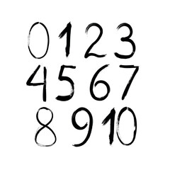 set of numbers from zero to ten with an ink brush isolated on a white background