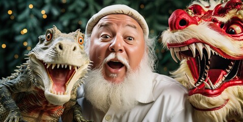 A cheerful Santa and two dragons look into the camera and laugh. Chinese New Year. Generated by AI.