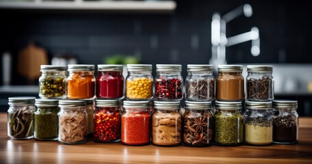 The Magic of Spices Stored in Neat Jars. Generative AI - obrazy, fototapety, plakaty