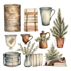 Scandinavian Christmas Watercolor Elements, without background in PDF format