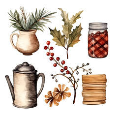 Scandinavian Christmas Watercolor Elements, without background in PDF format