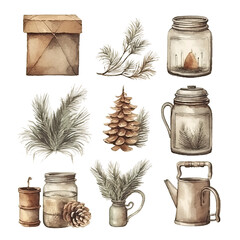 Scandinavian Christmas Watercolor Elements, without background in PDF format