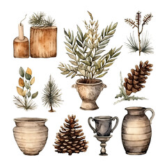 Scandinavian Christmas Watercolor Elements, without background in PDF format