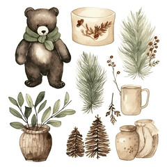 Scandinavian Christmas Watercolor Elements, without background in PDF format