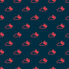 Red line Windy weather icon isolated seamless pattern on black background. Cloud and wind. Vector