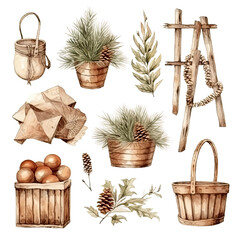 Scandinavian Christmas Watercolor Elements, without background in PDF format