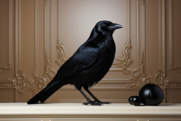 Obraz premium Explore the enigmatic charm as a black crow takes center stage in an elegant room, merging the mystique of nature with sophisticated interior aesthetics. Ai generated