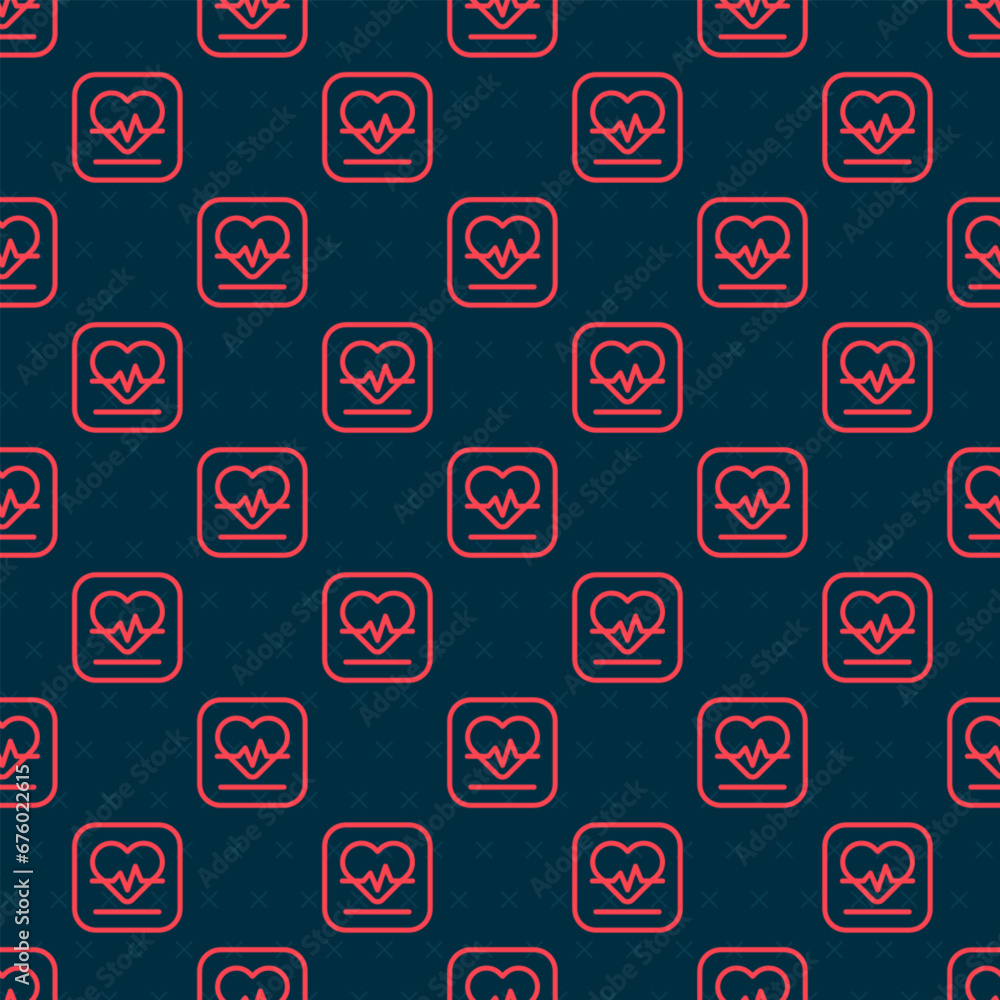 Poster red line heart rate icon isolated seamless pattern on black background. heartbeat sign. heart pulse 