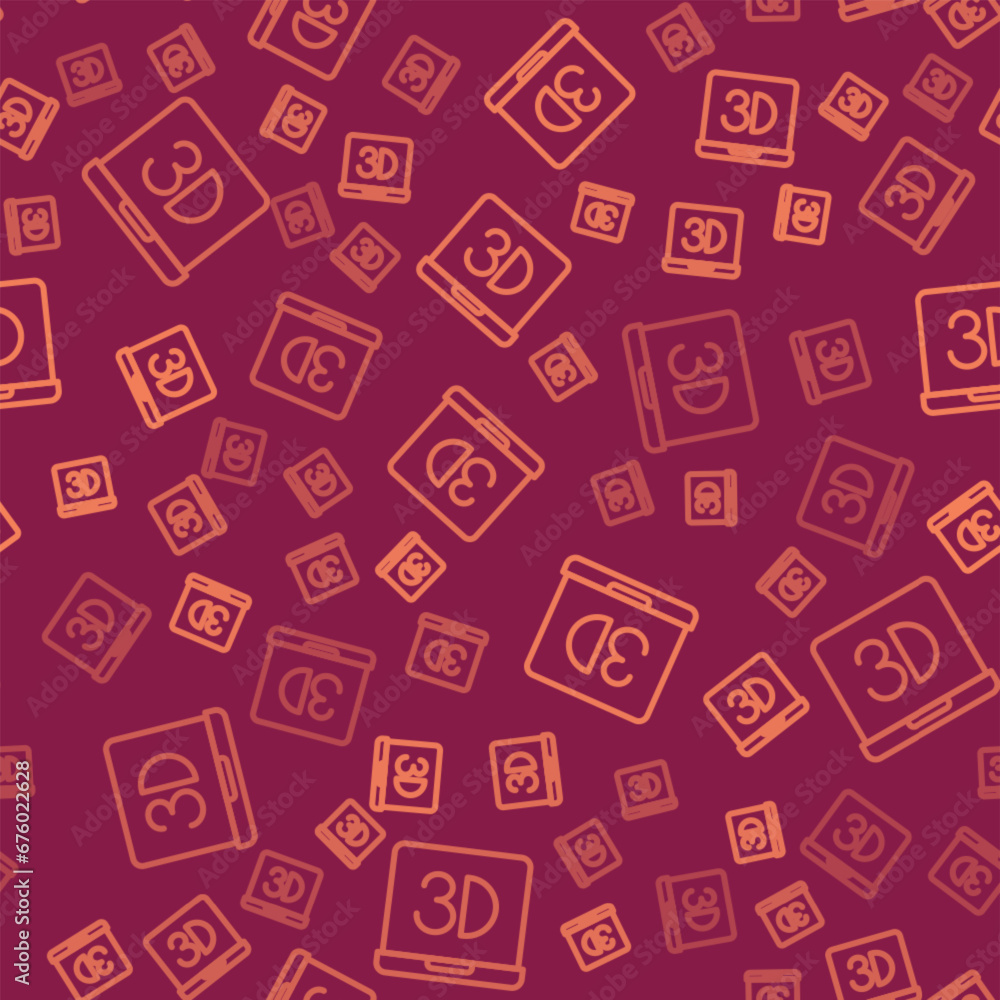 Poster brown line 3d printer icon isolated seamless pattern on red background. 3d printing. vector