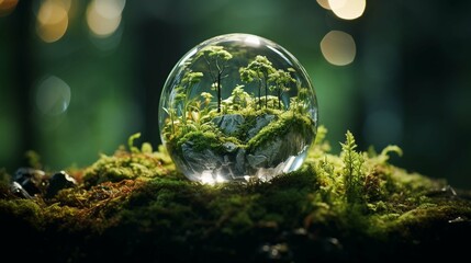 Obraz na płótnie Canvas crystal globe on moss in a forest - environment photography ::10 , 8k, 8k render 