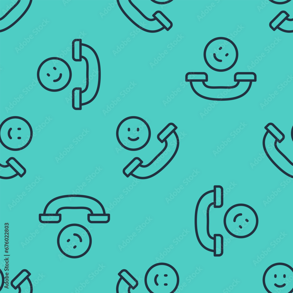 Poster black line incoming call on mobile phone icon isolated seamless pattern on green background. friends