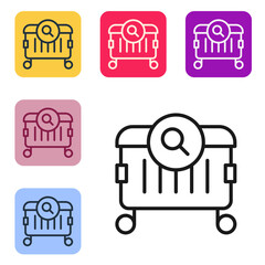 Black line Searching for food in trash can on streets outdoors icon isolated on white background. Homelessness and poverty concept. Set icons in color square buttons. Vector