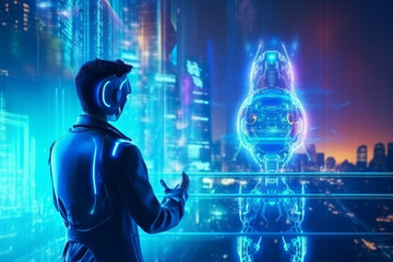Explore the digital frontier with the fusion of metaverse possibilities and advanced AI. A vision where android chatbots redefine virtual interactions. Ai generated