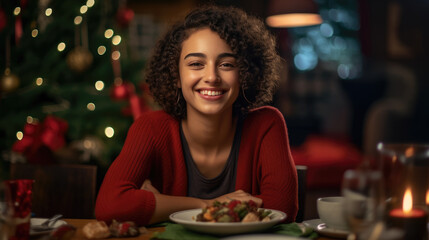 Cheerful young woman with curly hair smiling at a Christmas dinner table, decorated with candles, a glass of red wine, and a Christmas tree in the background.