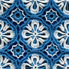 white and blue crochet pattern seamless texture, generative ai