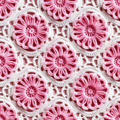 white and pink crochet pattern seamless texture, generative ai