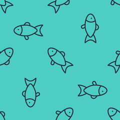 Black line Fish icon isolated seamless pattern on green background. Vector