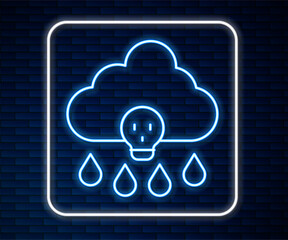 Glowing neon line Acid rain and radioactive cloud icon isolated on brick wall background. Effects of toxic air pollution on the environment. Vector
