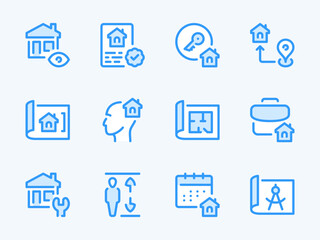 Real Estate and Property vector line icons. Building and Apartment ownership outline icon set. Portfolio, Location, Elevator, Agreement, Key Handover, Architectural Plans, House Repair and more.