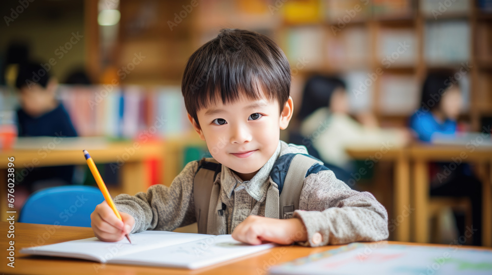 Poster little preschooler sits at a desk with a pencil in his hand and learns to write in class