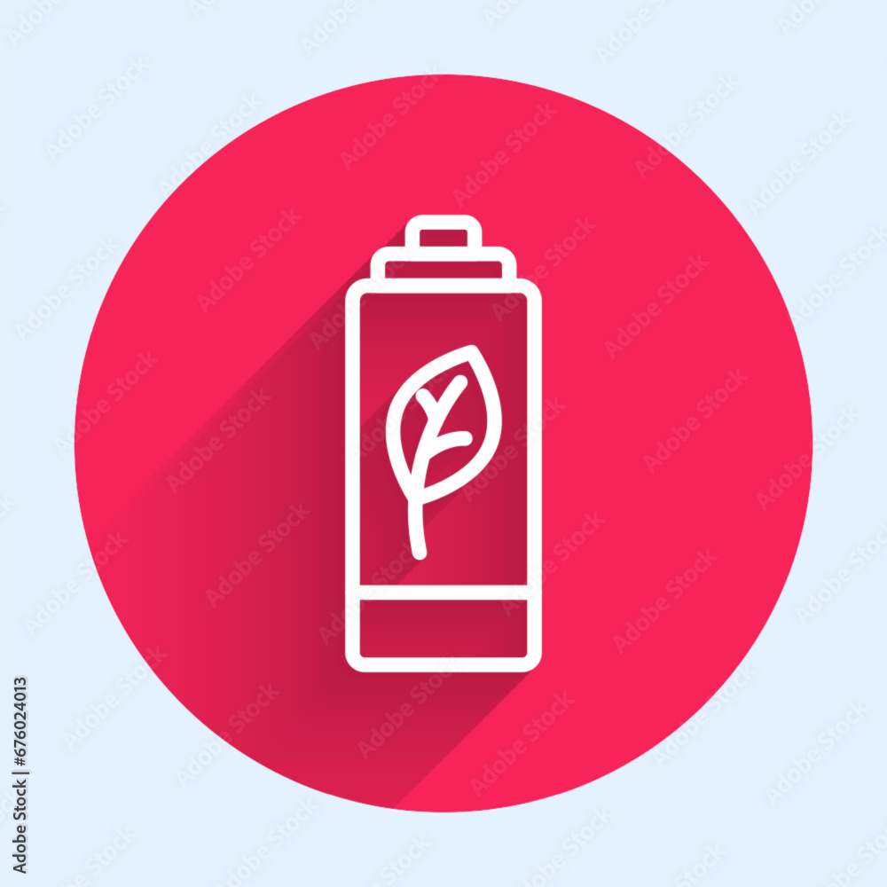 Poster white line eco nature leaf and battery icon isolated with long shadow background. energy based on ec
