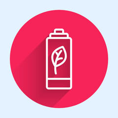 White line Eco nature leaf and battery icon isolated with long shadow background. Energy based on ecology saving concept. Red circle button. Vector