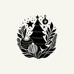 Merry Christmas and Happy New Year illustration, for greeting cards, posters, holiday covers. Xmas festive linocut black hand drawn.