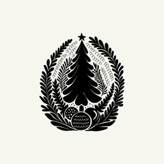 Merry Christmas and Happy New Year illustration, for greeting cards, posters, holiday covers. Xmas festive linocut black hand drawn.